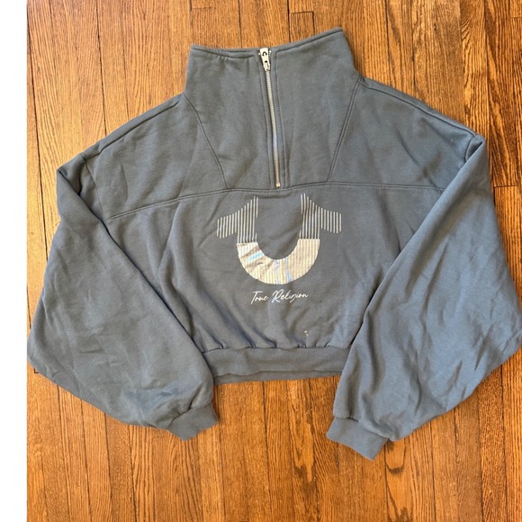 True Religion Tops - True Religion Womens Quarter Zip Cropped Sweatshirt Slate Blue Silver Logo